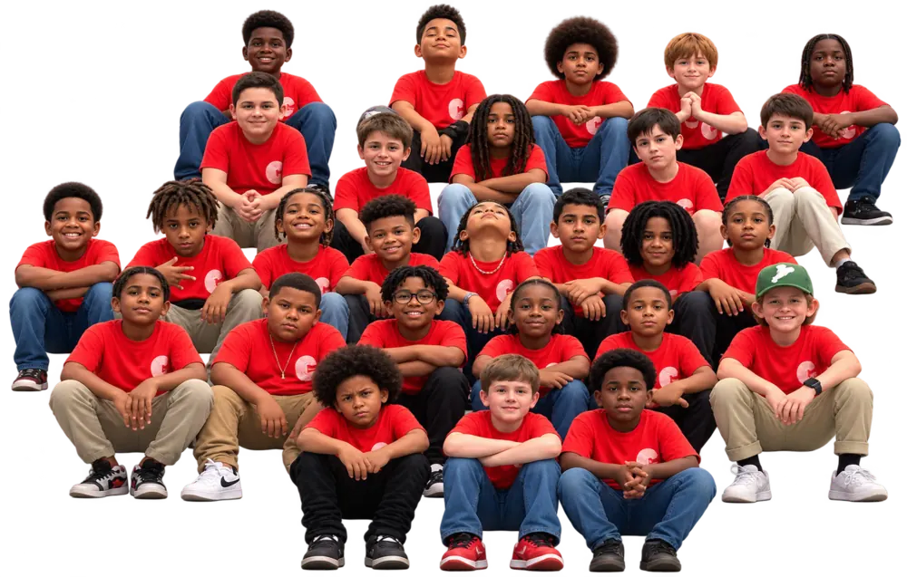 Illustrative 3D alumni group in red shirts